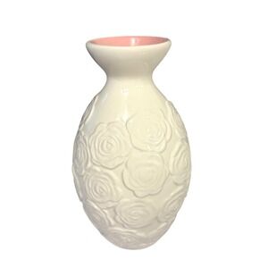 Sandra Magsamen Cream Embossed Rose Ceramic Vase Pink Interior Floral Decor